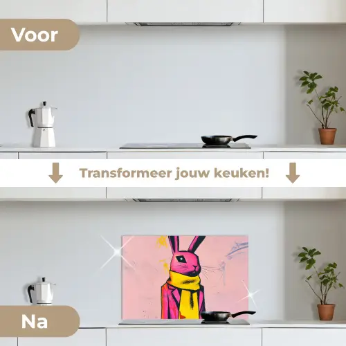Abstract - Konijn - Sjaal - Geel keuken achterwand spatscherm klein -voor_na_NL