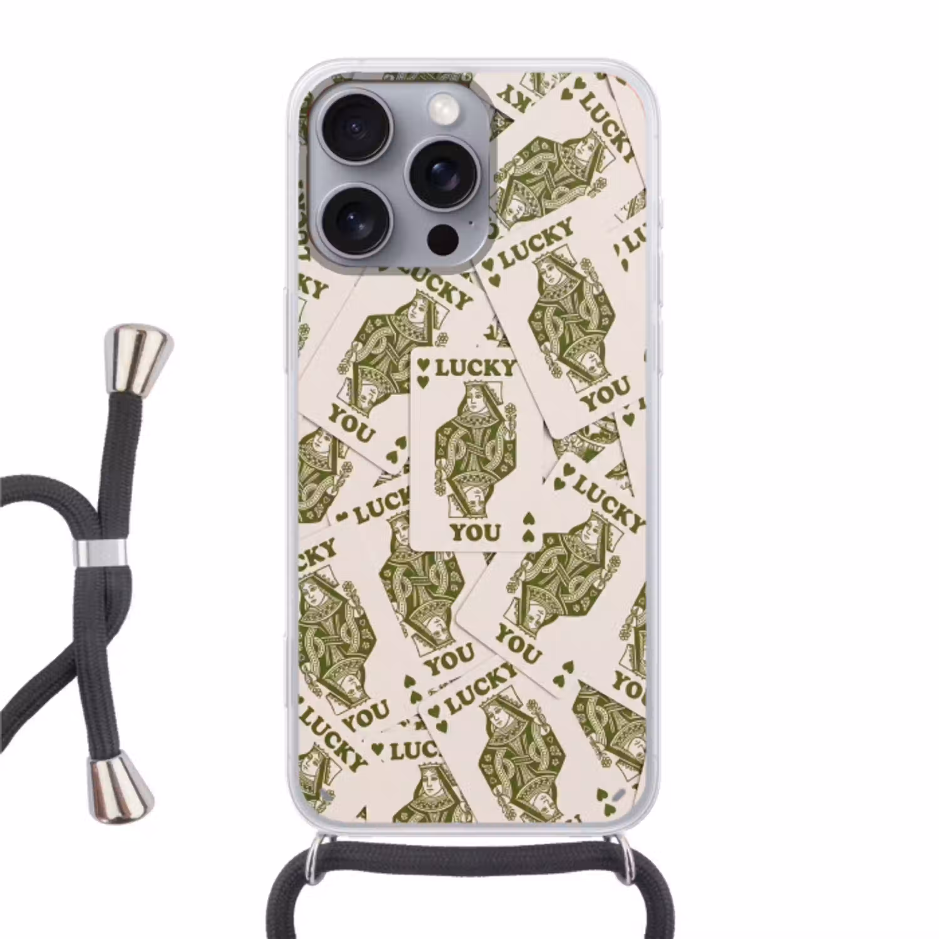 Kaarten - Koningin - Patroon - Groen - Spel Hoesje iPhone 16 Pro Max met koord klein -3d