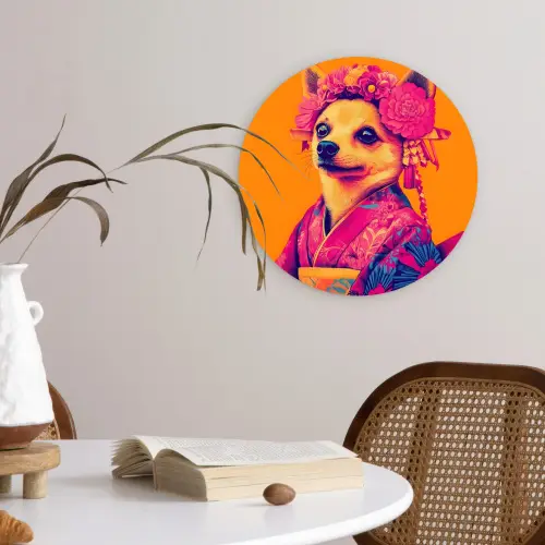 Kimono - Hondje - Bloemenkroon - Oranje Wandcirkel plexiglas klein -sfeer4