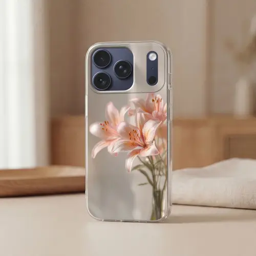 Lelies - Meeldraden - Roze - Wazig Telefoonhoesje iPhone 17 Pro klein -sfeer2