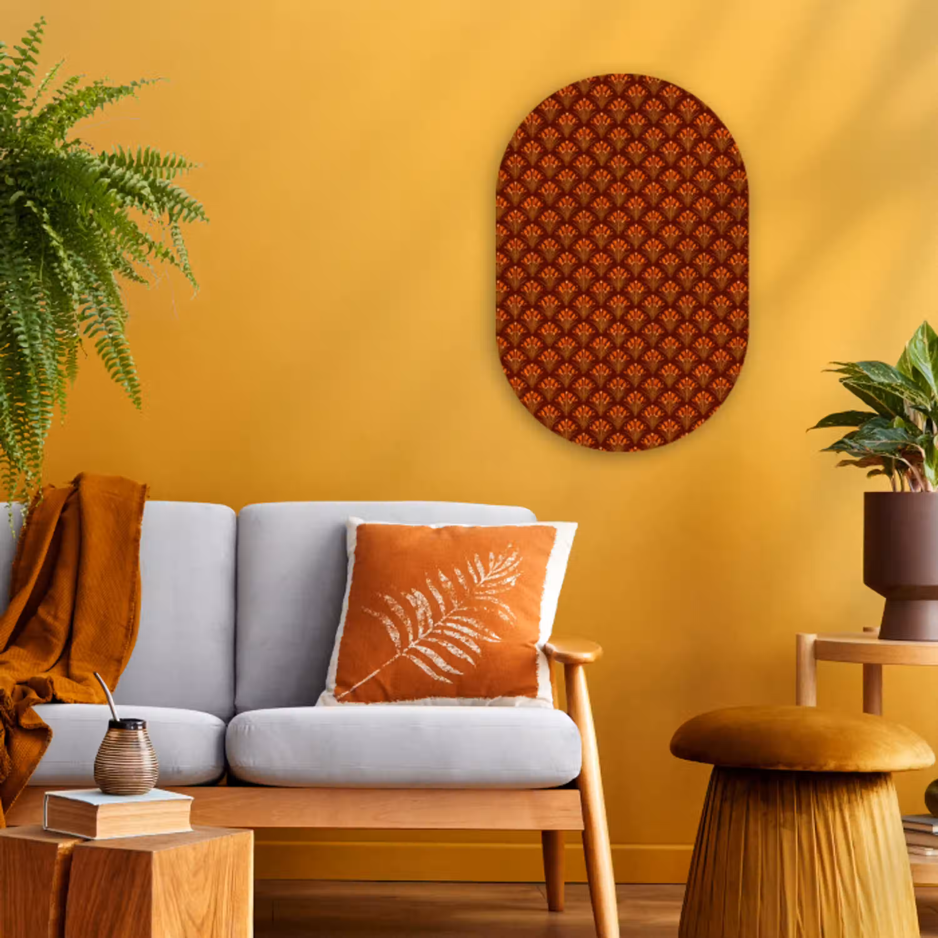Waaiers - Art Deco - Botanisch - Roestbruin - Oranje Wandcirkel Ovaal Forex klein 630 -sfeer4