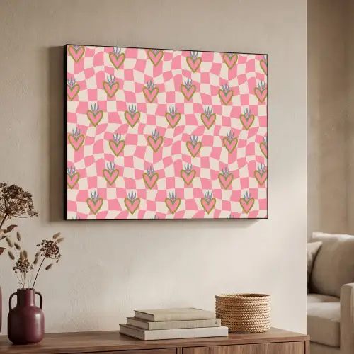 Roze - Retro - Patroon - Geblokt Textielframe zwart klein 947 -sfeer3