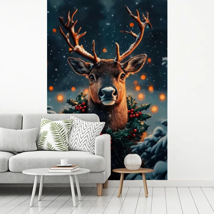 Hert - Kerst - Winter - Sneeuw - Kerstkrans fotobehang vinyl groot -woonkamer