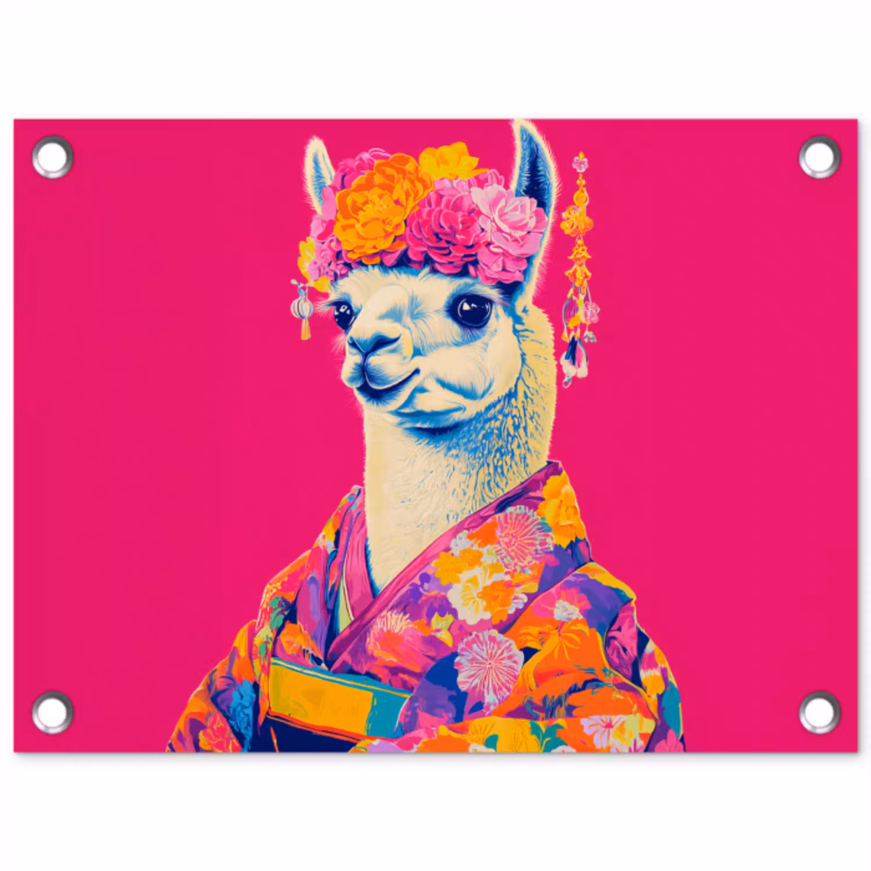 Lama - Kimono - Bloemenkrans - Felroze tuinposter los doek klein -3d
