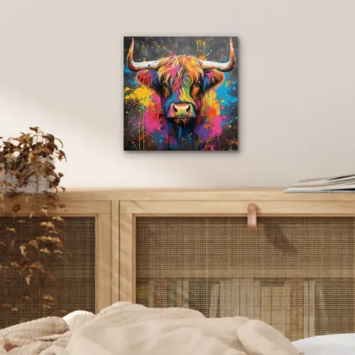 Graffiti - Schotse hooglander - Koe - Kleurrijk aluminium wit klein -sfeer3