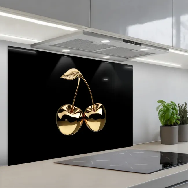 Spritzschutz Küche - Kirsche - Schwarz - Gold - Chrom