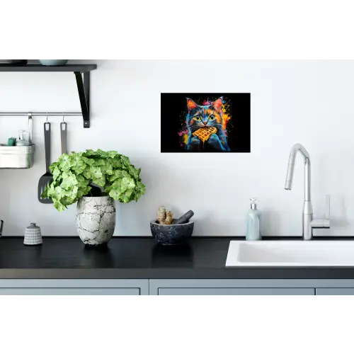 Kat - Graffiti - Kleurrijk - Wafel - Eten Muursticker klein -keuken