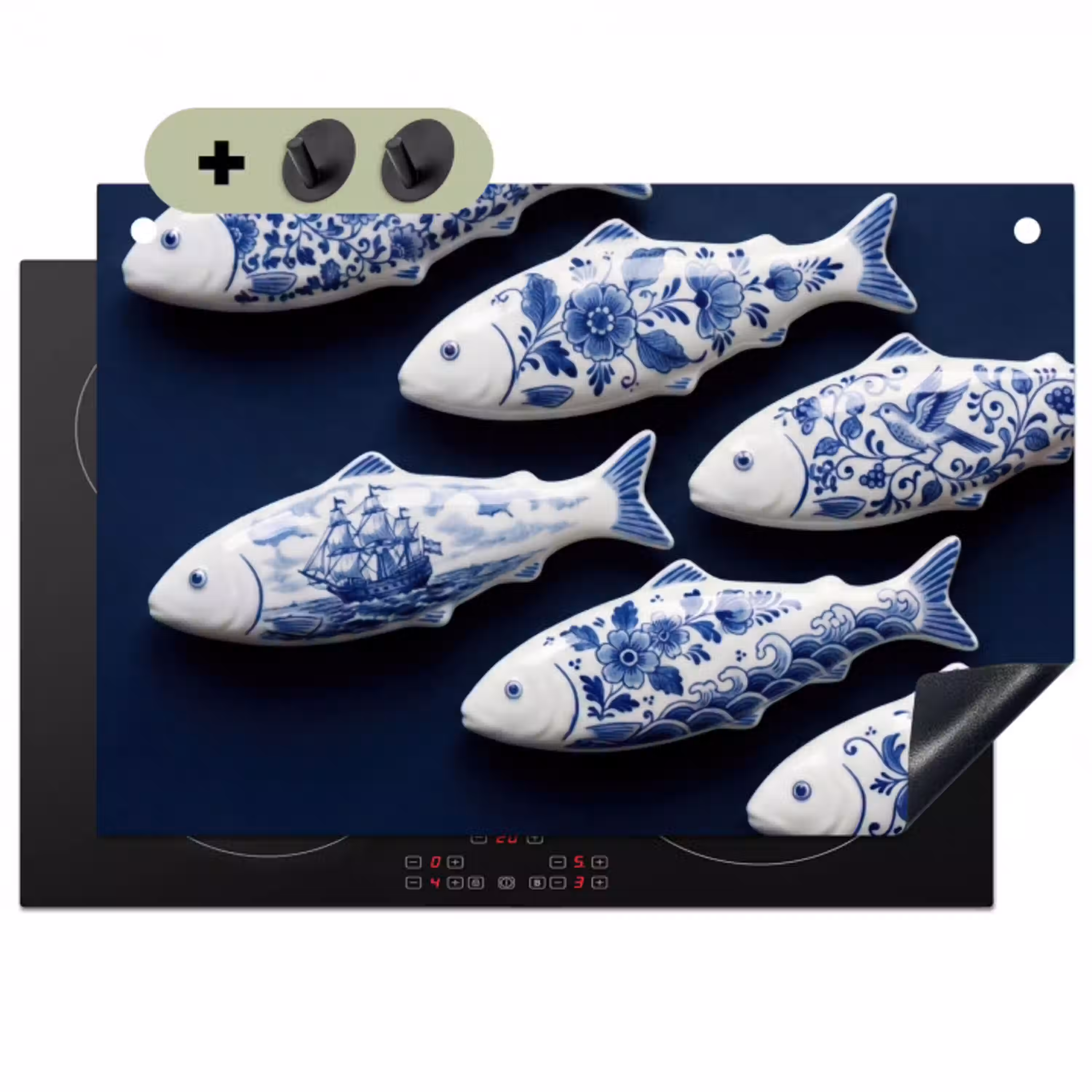 Vissen - Delfts - Blauw - Keramiek Inductie beschemer met haakjes klein -3d