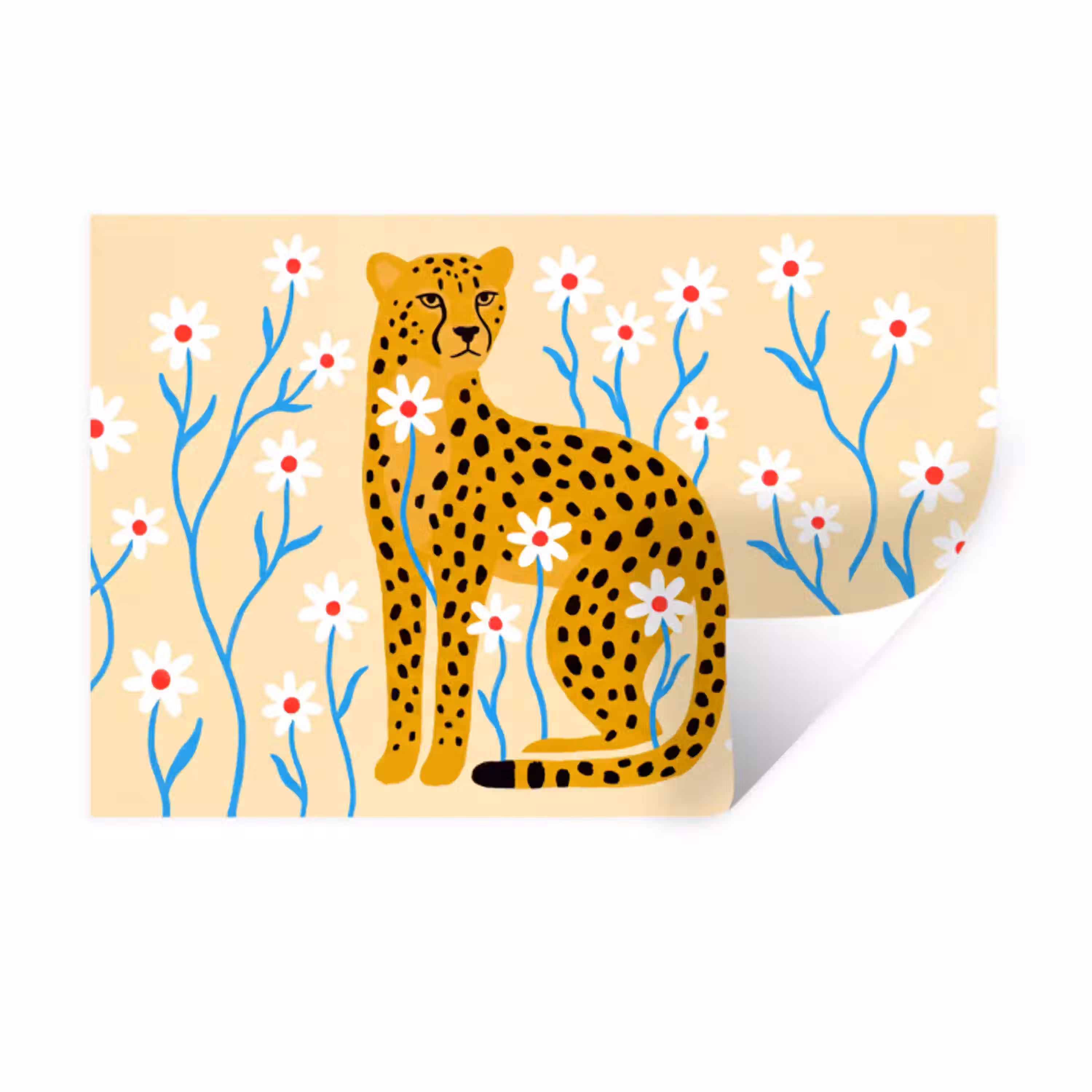 Dieren - Jachtluipaard - Bloemen - Modern - Geel Muursticker klein -3d