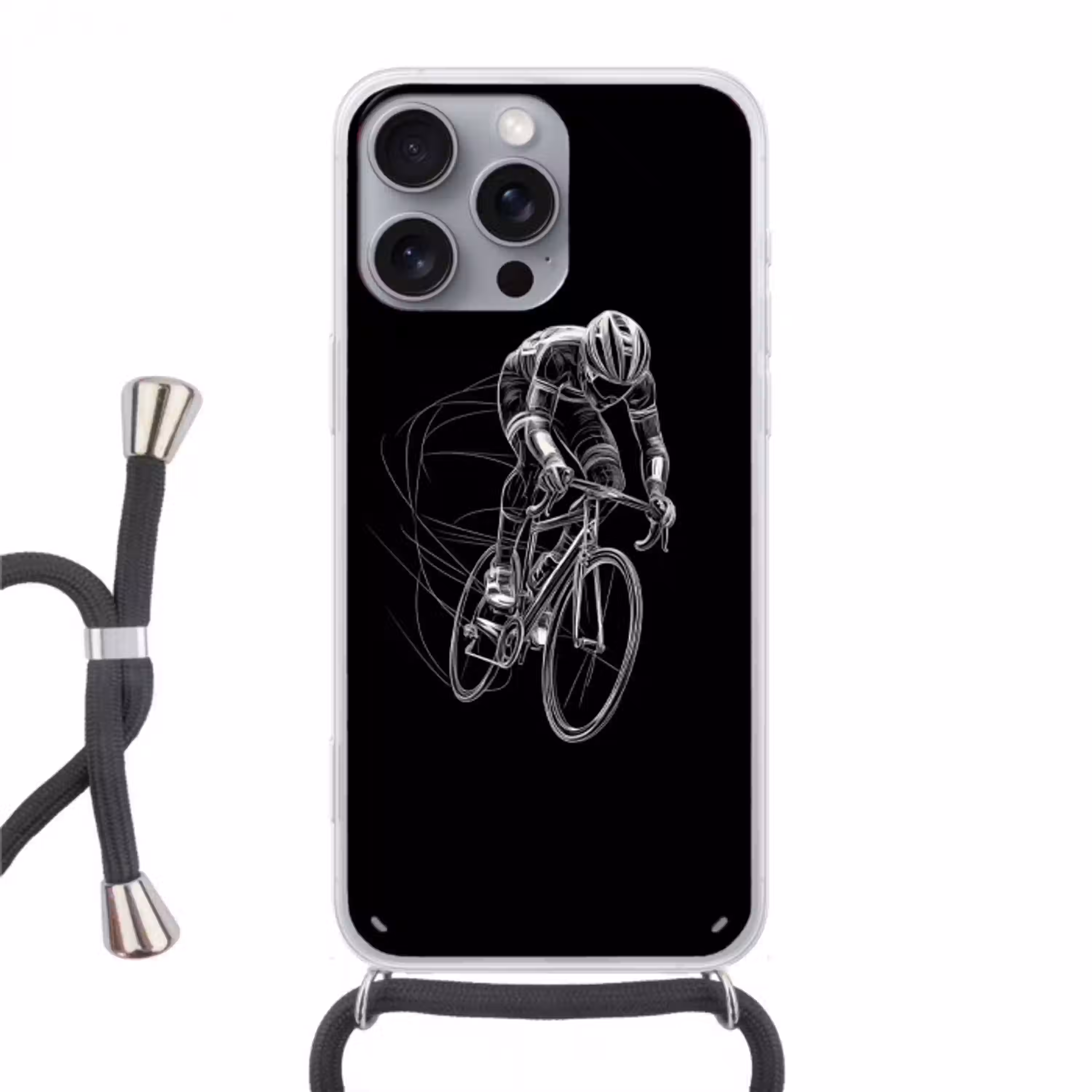 Lijntekening - Wit - Wielrennen - Snelheid Hoesje iPhone 16 Pro Max met koord klein -3d