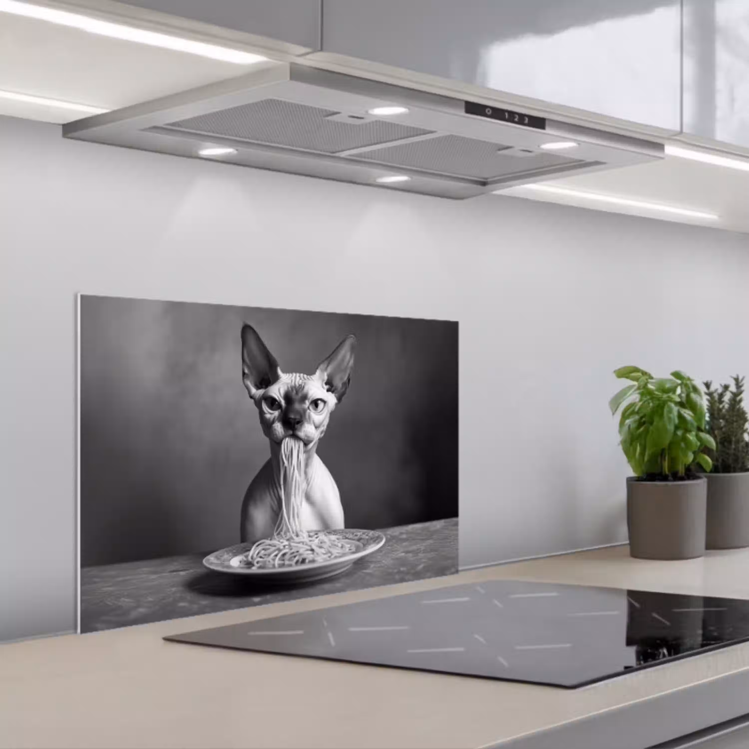 Sphynx - Kat - Dieren - Humor - Spaghetti - Zwart Wit keuken achterwand spatscherm klein -3d_schuin