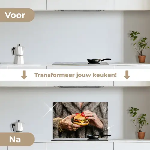 Vrouw - Hamburger - Bontjas keuken achterwand spatscherm klein -voor_na_NL