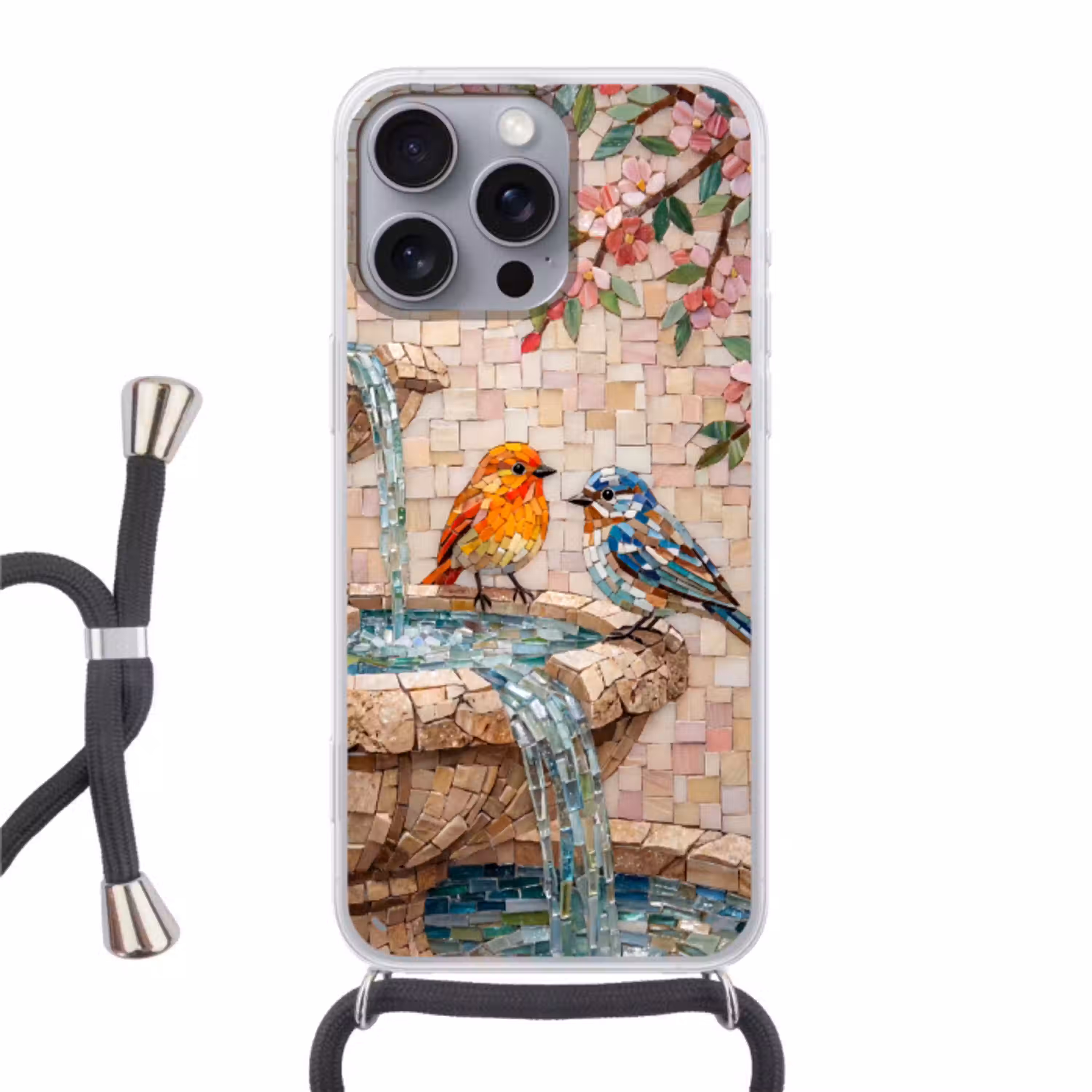 Vogel - fontein - mozaiek - kleurrijk - dieren Hoesje iPhone 16 Pro Max met koord klein -3d