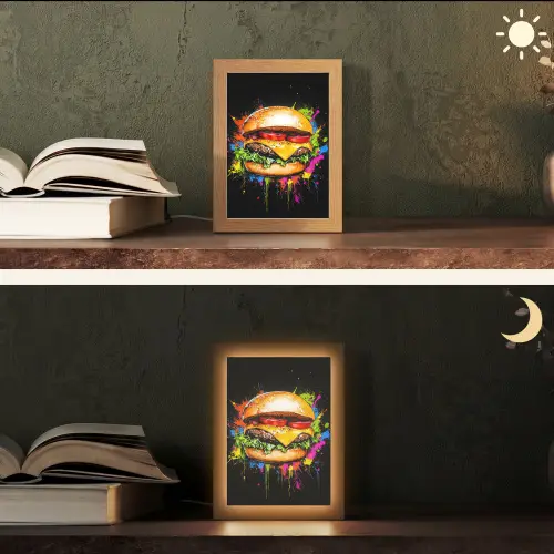Hamburger - Graffiti - Verf - Kleurrijk - Eten - Abstract Light Box met kabel (Tafellamp) klein -sfeer3