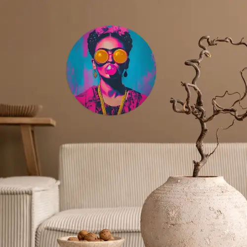 Vrouw - Kauwgom - Zonnebril - Oranje Wandcirkel behangsticker klein -sfeer1