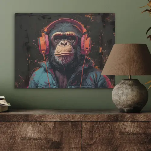Graffiti - Chimpansee - Koptelefoon - Aap PET vilt klein -sfeer2