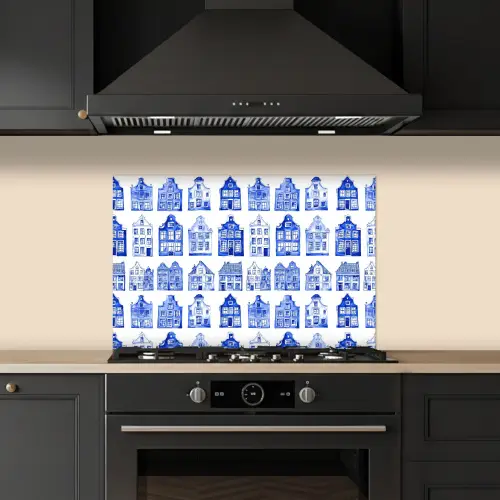 Patroon - Huizen - Blauw keuken achterwand spatscherm klein 900 -sfeer1