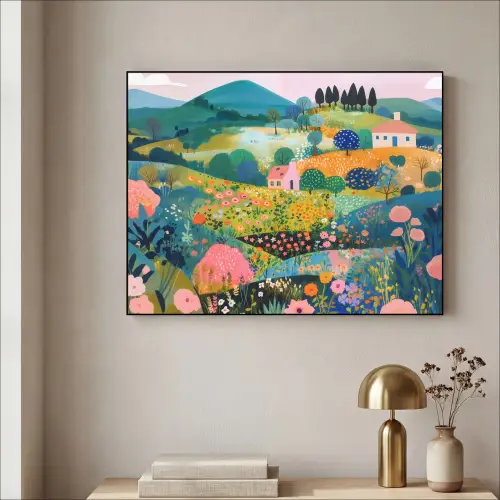 Heuvellandschap - Fantasierijk - Kleurcontrasten Textielframe zwart klein -sfeer2
