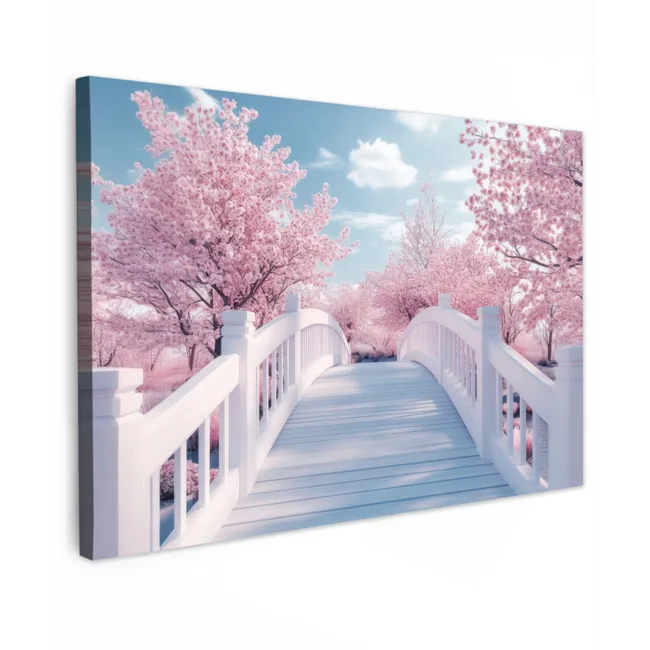 Outdoor Leinwand - Brücke - Kirschbäume - Weiß