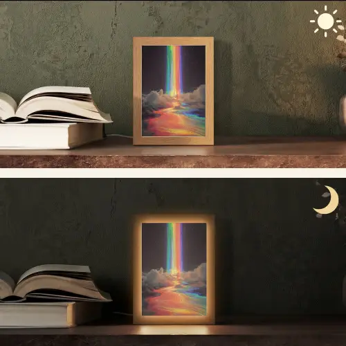 Regenboog - Verticaal - Sterrenhemel - Wolken Light Box met kabel (Tafellamp) klein -sfeer3