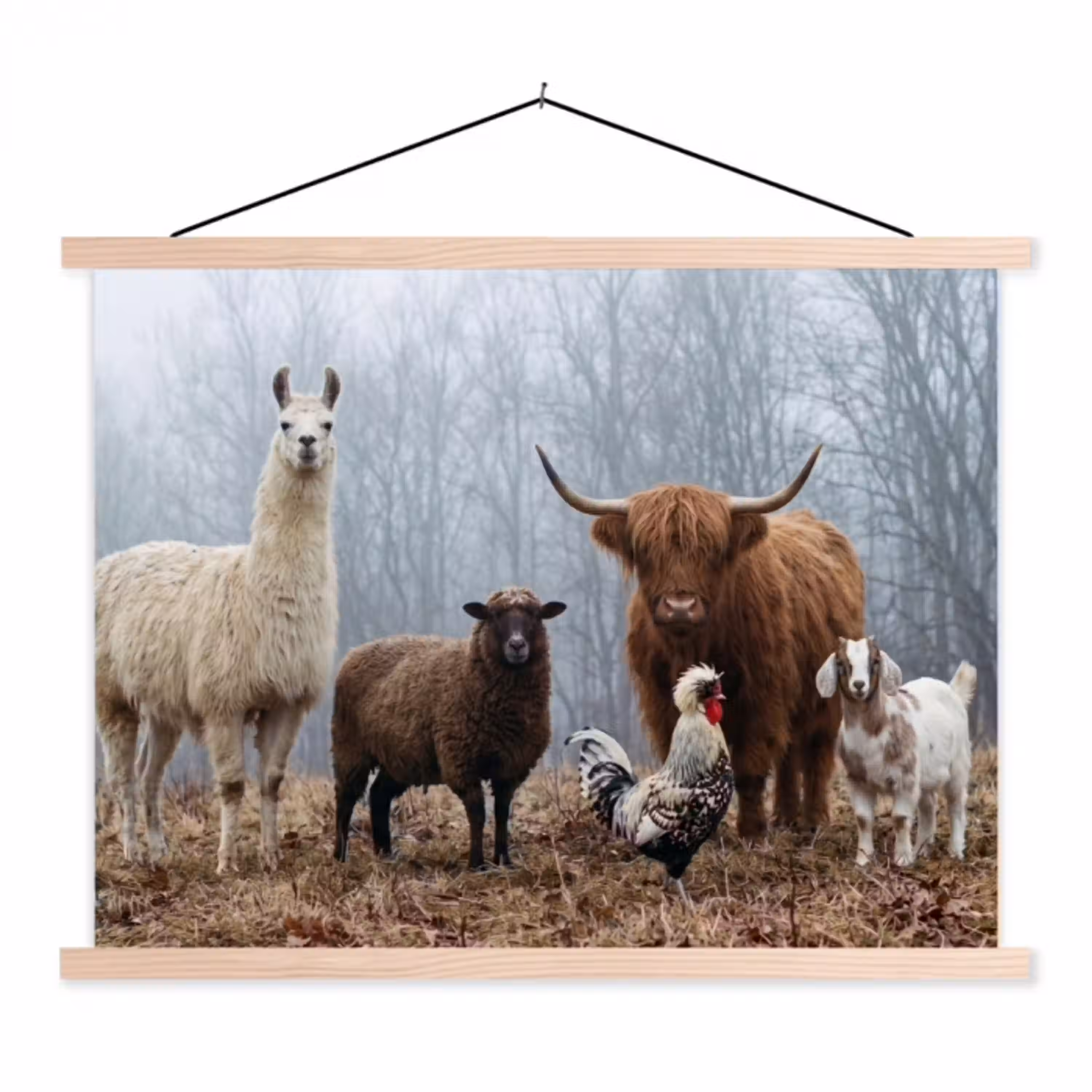 Boerderijdieren - Groep - Mist - Natuur - Rustiek textielposter latten blank klein -3d
