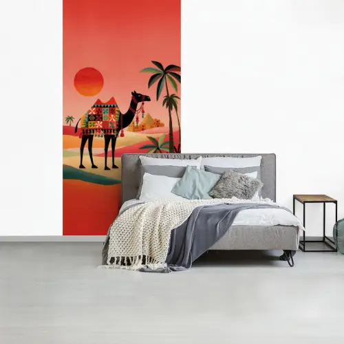 Kameel - Gekleurd tapijt - Duinen - Rode zon fotobehang vinyl groot -slaapkamer