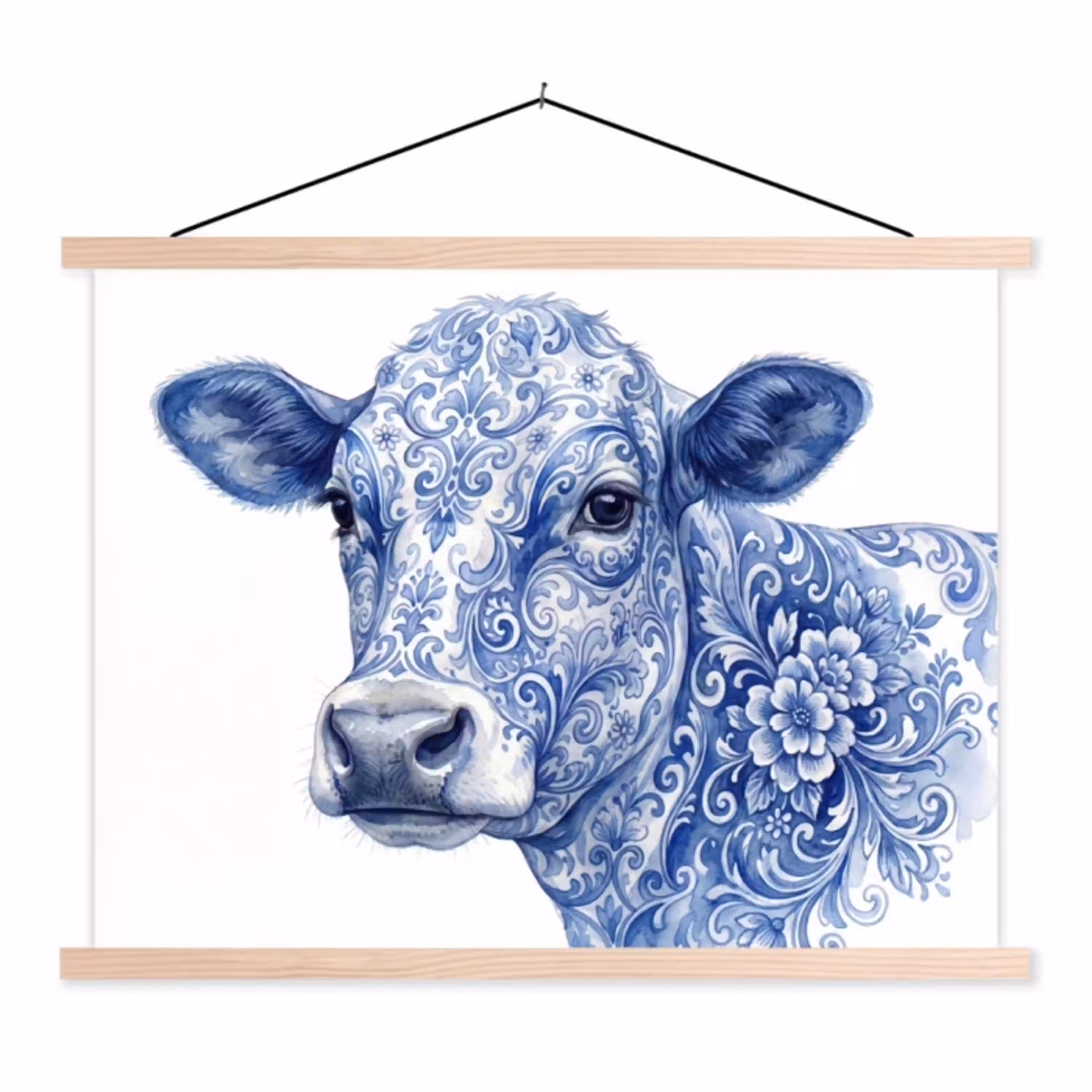 Illustratie - Koe - Blauw textielposter latten blank klein -3d
