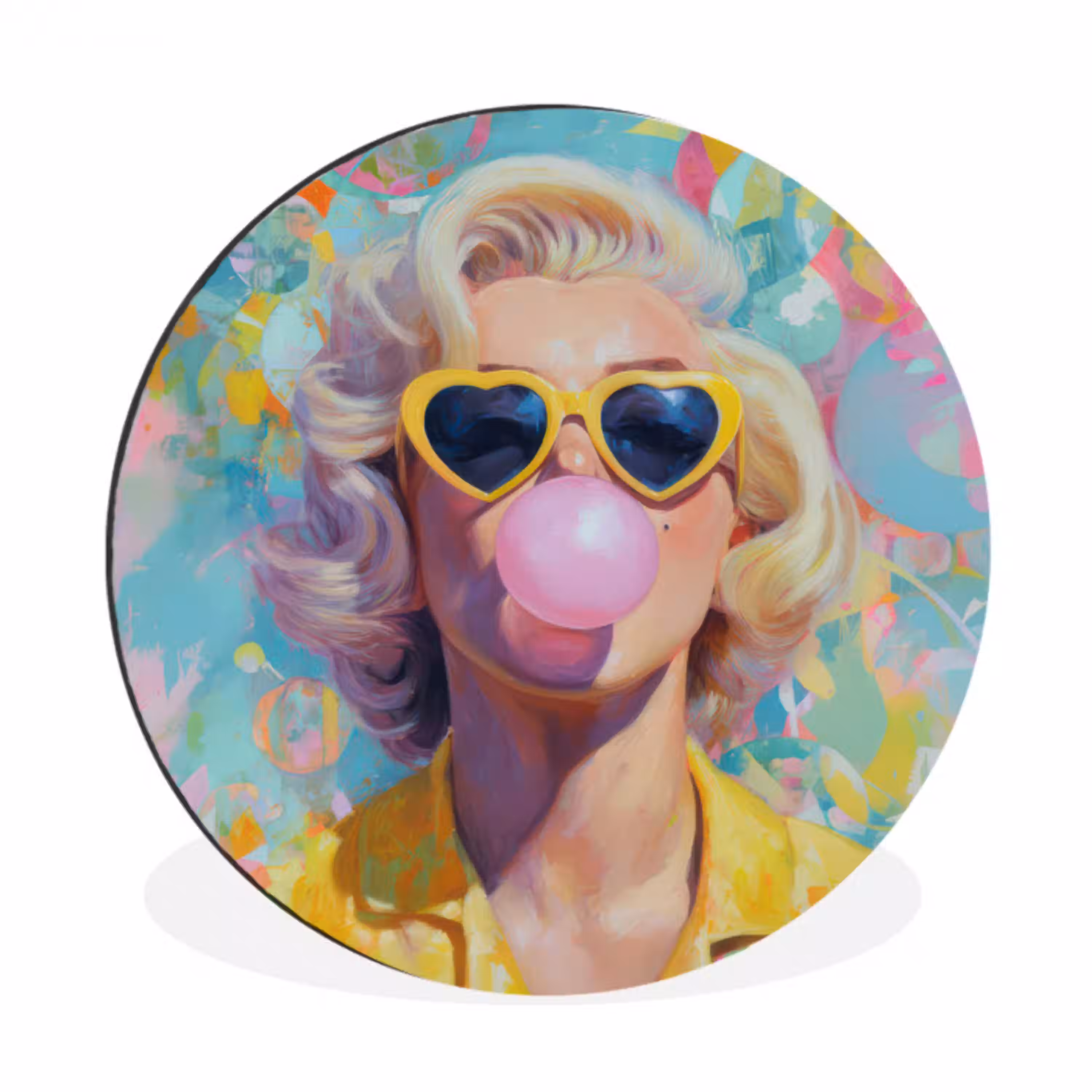 Vrouw - Blond - Roze kauwgom - Kleurrijk - Pastel Wandcirkel aluminium klein -3d