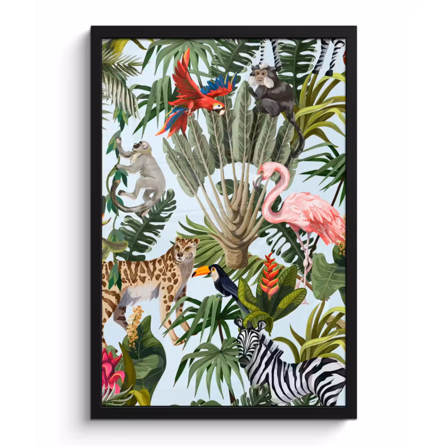 Poster met lijst - Jungle - Dieren - Meisjes - Kinderen - Jongens - Flamingo - Papegaai