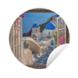 Doorkijk - Santorini - Landschap - Blauw - Grieks Wandcirkel tuinposter met ringen klein -3d