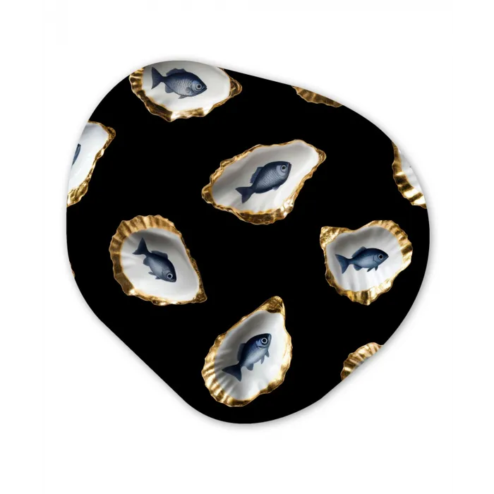 Oesters - Vissen - Blauw - Goud Wandcirkel Organisch Aluminium middel -3d