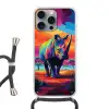 Neushoorn - Zonsondergang - Savanna - Kleurrijk Hoesje iPhone 16 Pro Max met koord klein -3d