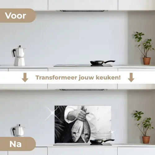 Vissen - Chef - Zwart - Wit keuken achterwand spatscherm klein -voor_na_NL