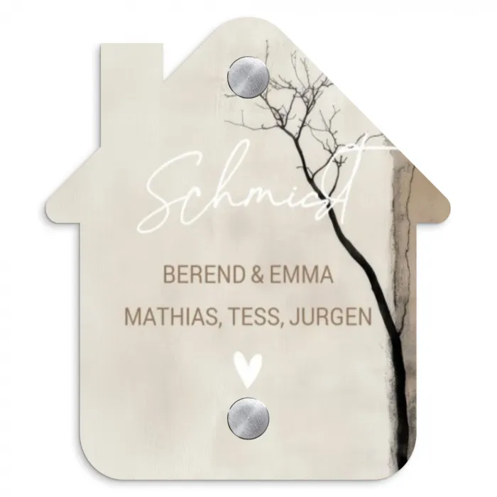 Boomsilhouet beige achtergrond - Sierlijk Naambord Huisje klein -3d