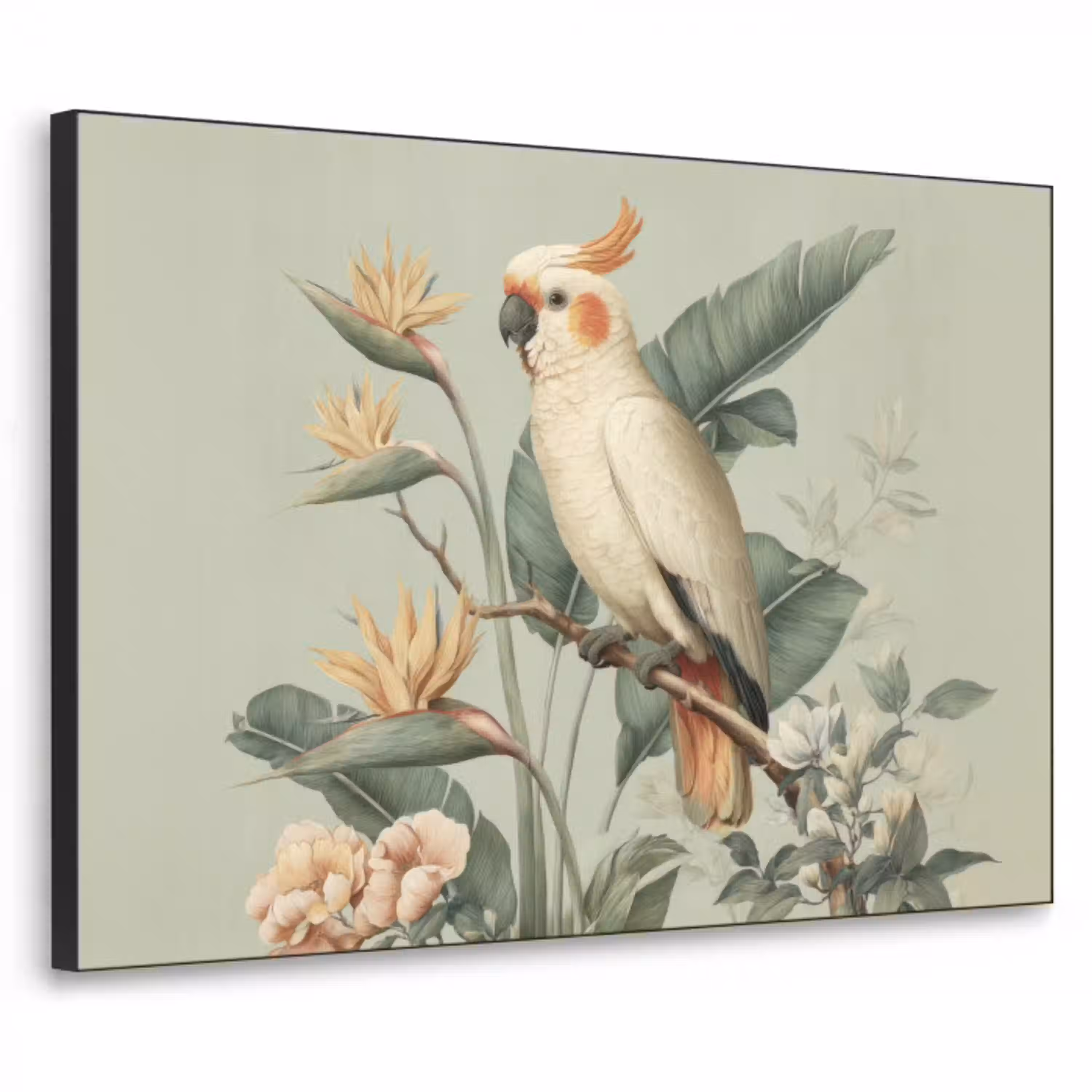 Gele kuifkaketoe - paradijsvogelbloemen - Groen Textielframe - compleet frame klein -3d
