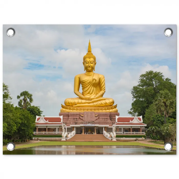 Boeddha - Buddha beeld - Goud - Religie tuinposter los doek klein -3d