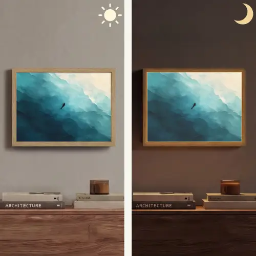 Zee - Silhouet - Abstract - Blauw Light Box met batterij (Wandlamp) middel -sfeer3