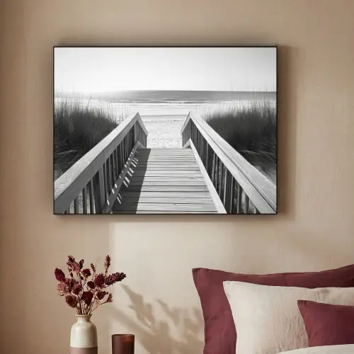 Loopbrug - Hout - Strand - Zee Textielframe zwart klein -sfeer1