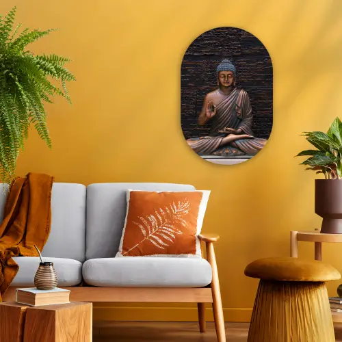 Boeddha - Buddha beeld - Bruin - Spiritueel - Meditatie Wandcirkel Ovaal Forex klein -sfeer4