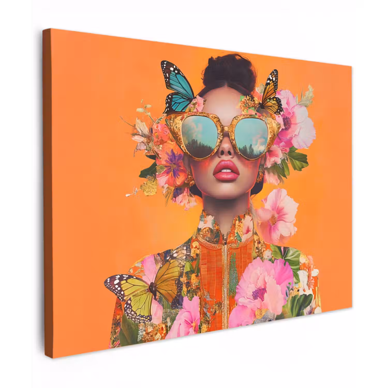 Canvas schilderij - Vlinders - Vrouw - Zonnebril - Kleurrijk