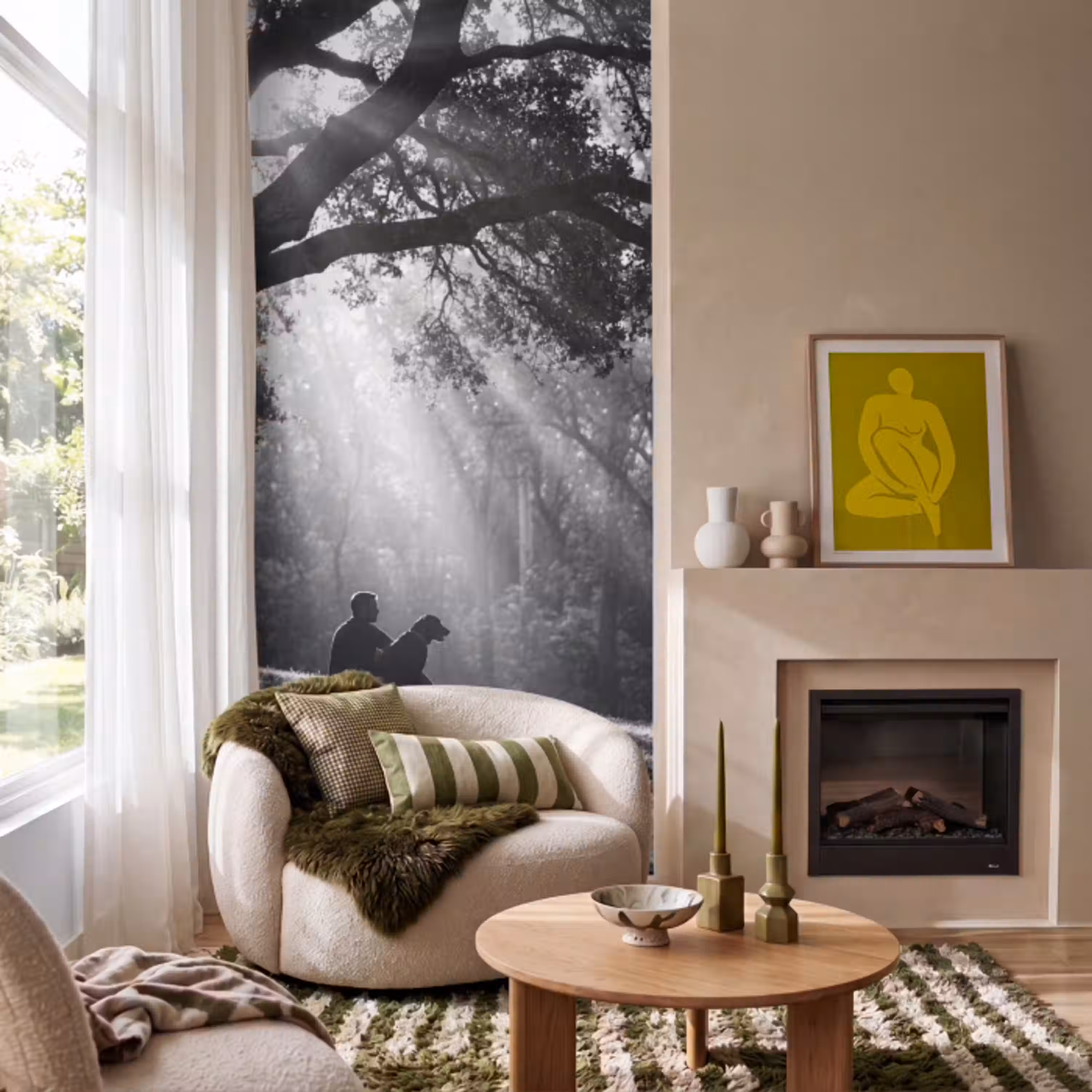 Mens - Hond - Natuur - Zwart-wit - Silhouet Behang Vlies klein -sfeer2