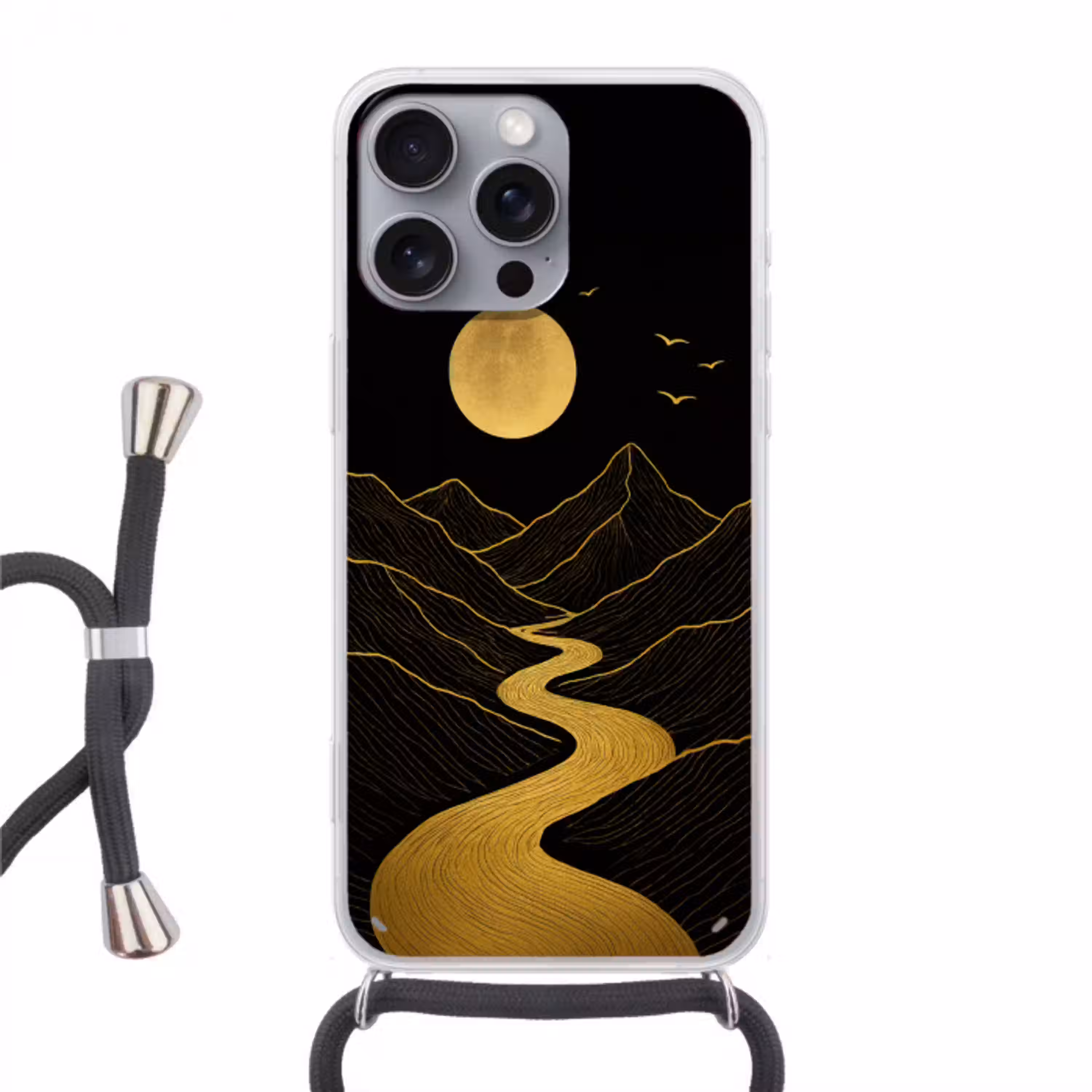 Rivier - Goud - Maan - Vogels Hoesje iPhone 16 Pro Max met koord klein -3d