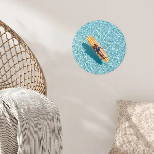 Surfboard - Water - Badpak - Oranje Wandcirkel behangsticker klein -sfeer4
