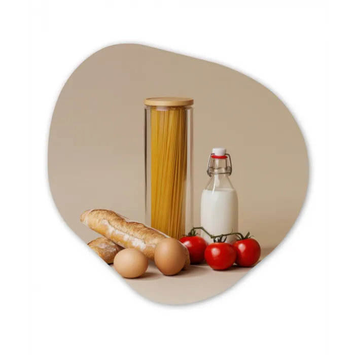 Spaghetti - Melk - Tomaten - Eieren - Brood Wandcirkel Organisch Plexiglas middel -3d