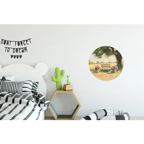 Houten bankje - Bloempotten - Landschap Wandcirkel aluminium klein -kinderkamer