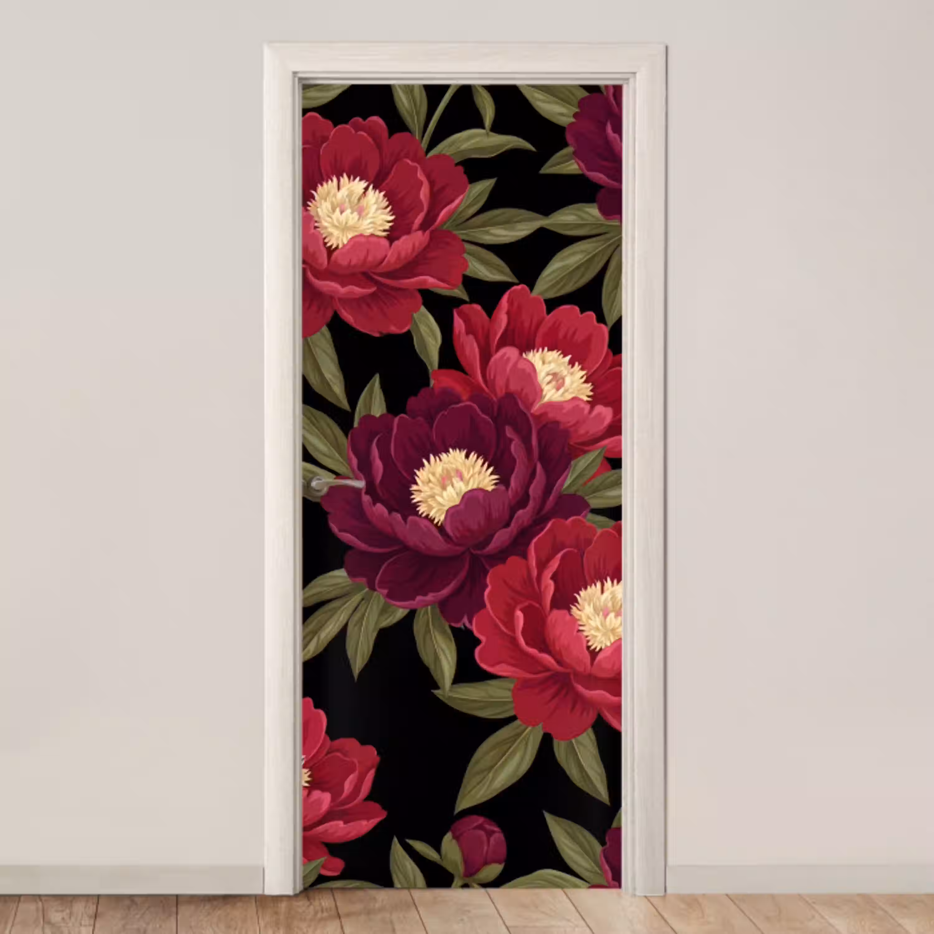 Bloemen - Patroon - Botanisch - Rood - Zwart deurposter klein -3d_beige