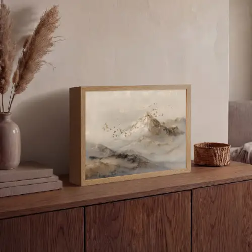 Berglandschap - Mist  - Penseelstreken Light Box met batterij (Wandlamp) middel -sfeer2