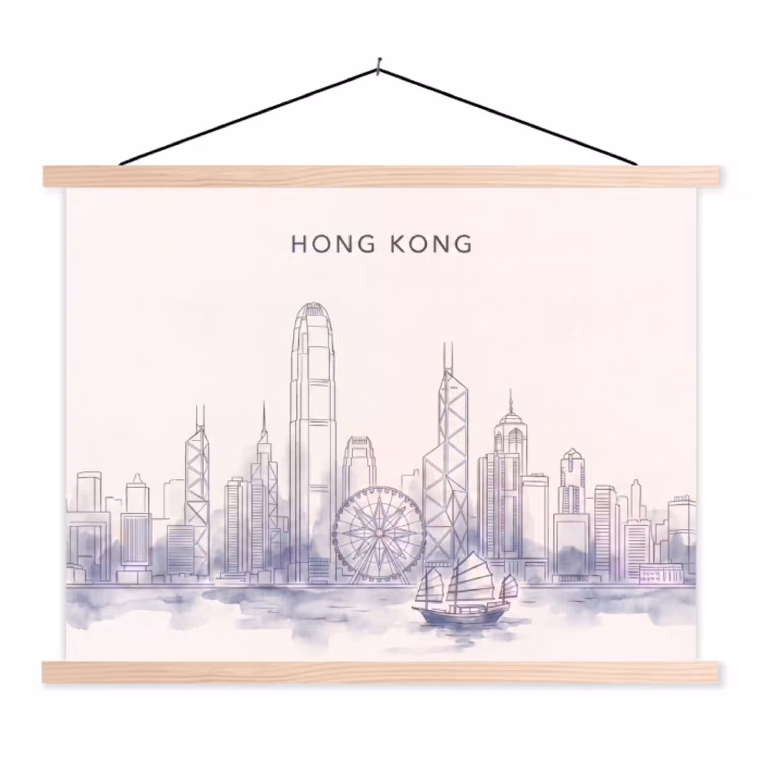 Stad - Skyline - Water - Lijntekening - Blauw textielposter latten blank klein -3d