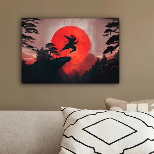 Zon - Krijger - Bomen - Bergen canvas 2cm klein -sfeer3