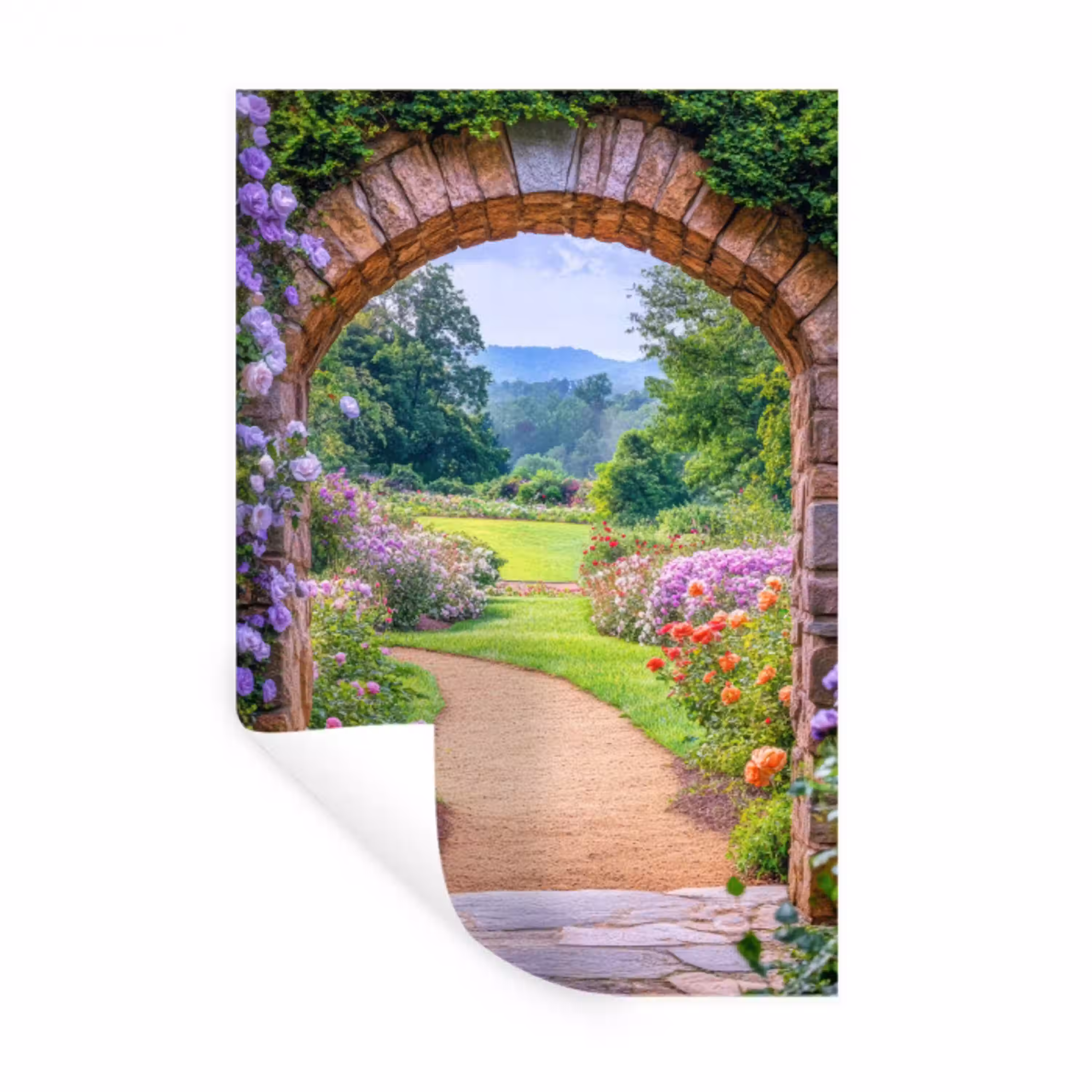 Doorkijk - Poort - Bloemen - Tuin Muursticker klein -3d